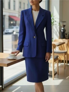 Talbots Petites Royal Blue Wool Skirt Suit Set Size 10 Petite